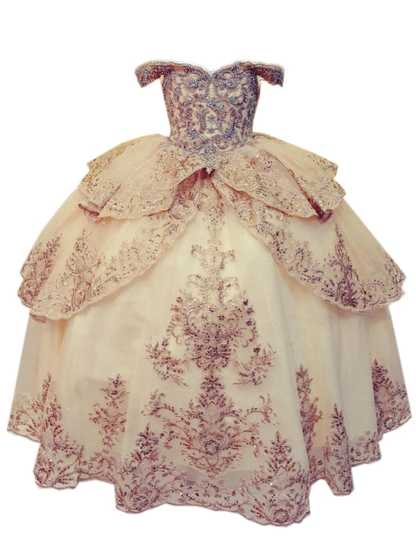 Big Girls Champagne Glittery Gold Embroidered Off Shoulder Ball Gown 8-16 - SophiasStyle.com